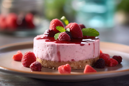 Slice of raspberry cheesecake on a plate, AI Generatedの素材