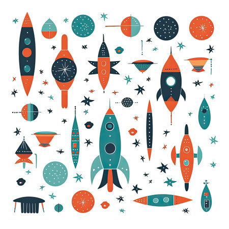 Set of stars and space ship, clip art emblem dark colors AI Generatedの素材