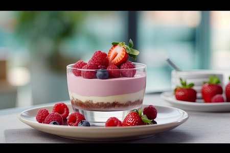 Slice of raspberry cheesecake on a plate, AI Generatedの素材