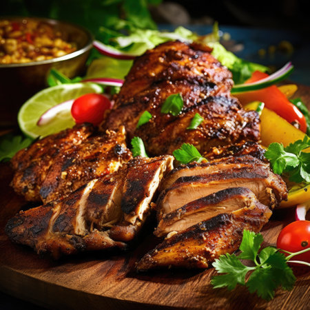 Slices of home-made jerk chicken fillets marinated in jerk seasoning, AI Generatedの素材
