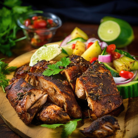 Slices of home-made jerk chicken fillets marinated in jerk seasoning, AI Generatedの素材