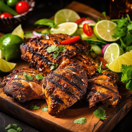Slices of home-made jerk chicken fillets marinated in jerk seasoning, AI Generatedの素材