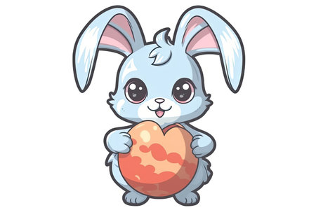 Sticker kawaii Easter bunny cartoon holding an Easter egg, white background contour AI Generatedの素材