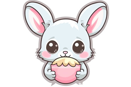 Sticker kawaii Easter bunny cartoon holding an Easter egg, white background contour AI Generatedの素材