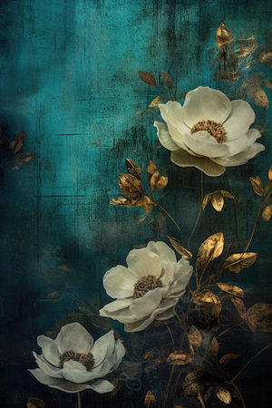 Subtly textured, teal painteing of flowers backdrop AI Generatedの素材