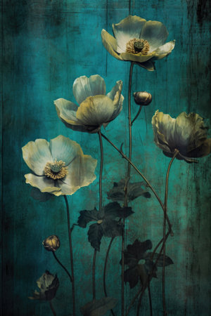 Subtly textured, teal painteing of flowers backdrop AI Generatedの素材