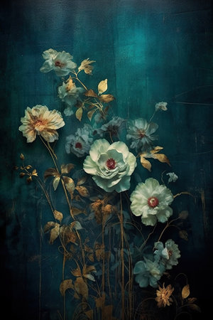 Subtly textured, teal painteing of flowers backdrop AI Generatedの素材