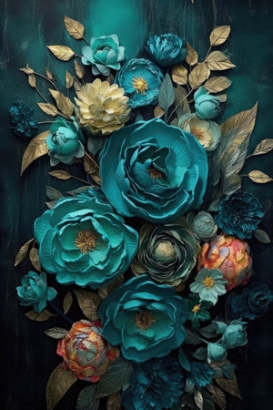 Subtly textured, teal painteing of flowers backdrop AI Generatedの素材
