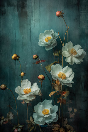 Subtly textured, teal painteing of flowers backdrop AI Generatedの素材