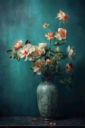 Subtly textured, teal painteing of flowers backdrop AI Generatedの素材