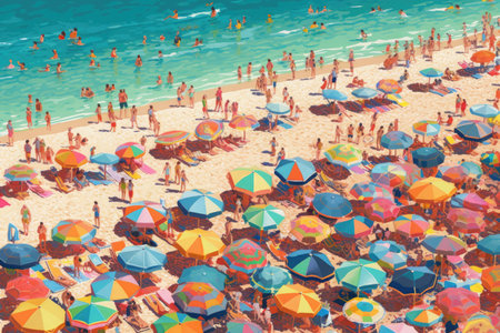 Summer beach scene with colorful umbrellas, Generative AIの素材