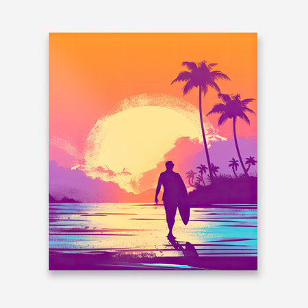 Surfer walking silhouette top of tropical beach white background, colorful vibrant AI Generatedの素材