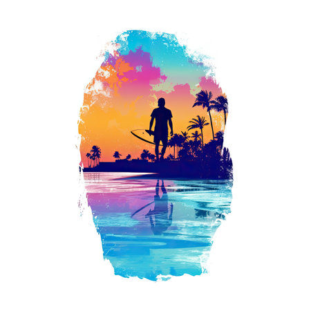Surfer walking silhouette top of tropical beach white background, colorful vibrant AI Generatedの素材
