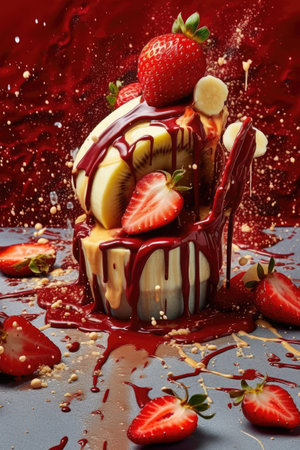 Tasty banana and strawberry dessert splatter textures with liquid chocolate, AI Generatedの素材