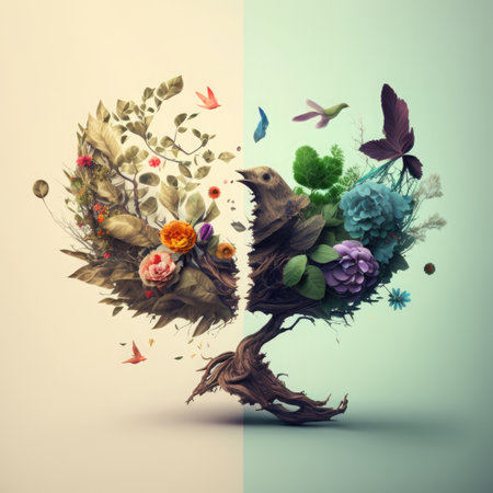 Surreal Digital painting of tree and rock with picture of Kids, Generative AIの素材