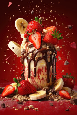 Tasty banana and strawberry dessert splatter textures with liquid chocolate, AI Generatedの素材