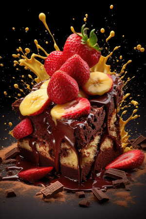 Tasty banana and strawberry dessert splatter textures with liquid chocolate, AI Generatedの素材