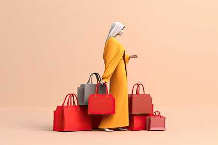 3d Muslim Arab Woman with shopping bags, Generative AIの素材