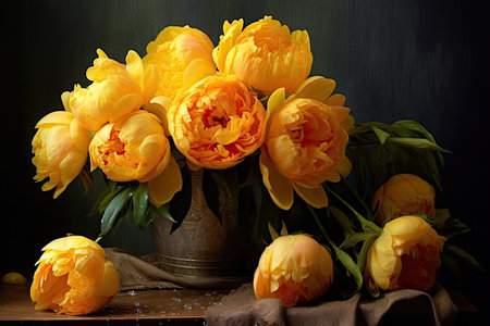 A bouquet of yellow flowers with a bunch of lemons on a tableの素材