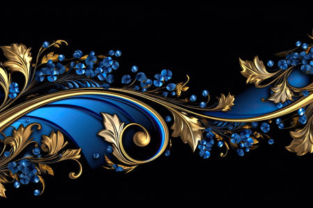 A blue and gold background with a border with gold and turquoise beadsの素材