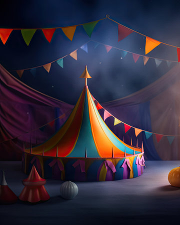 A circus tent with a banner in Night Lights, Generative AIの素材