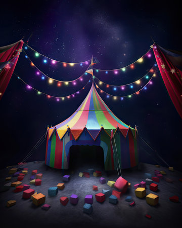 A circus tent with a banner in Night Lights, Generative AIの素材