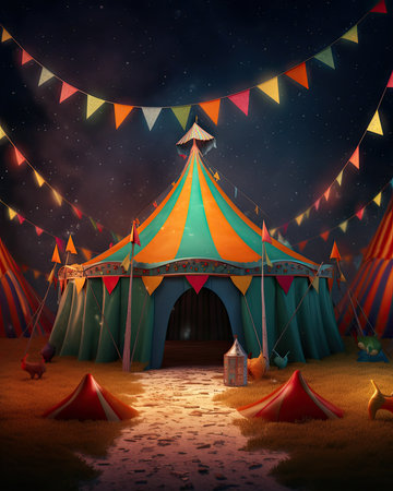 A circus tent with a banner in Night Lights, Generative AIの素材