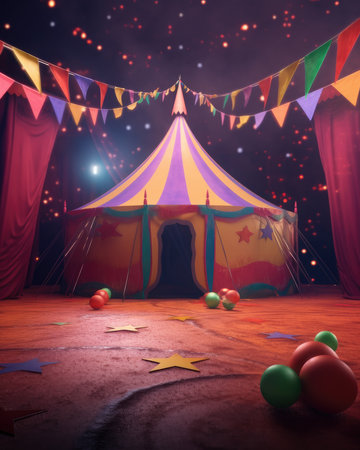 A circus tent with a banner in Night Lights, Generative AIの素材