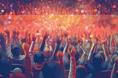 A colorful background with a crowd of hands up and the word music on itの素材
