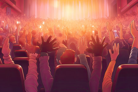 A colorful background with a crowd of hands up and the word music on itの素材