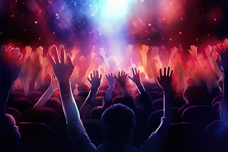 A colorful background with a crowd of hands up and the word music on itの素材