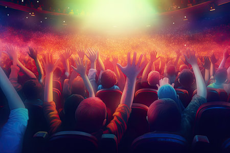 A colorful background with a crowd of hands up and the word music on itの素材