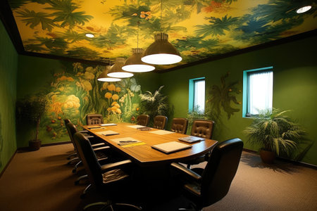 A conference room with a green and yellow wallpaperの素材