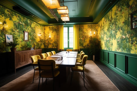 A conference room with a green and yellow wallpaperの素材