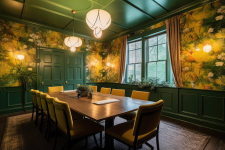 A conference room with a green and yellow wallpaperの素材