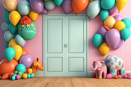 A Door with a bunch of balloons on it and a pink door, Generative AIの素材