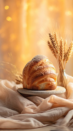 A croissant with wheat ears in the backgroundの素材