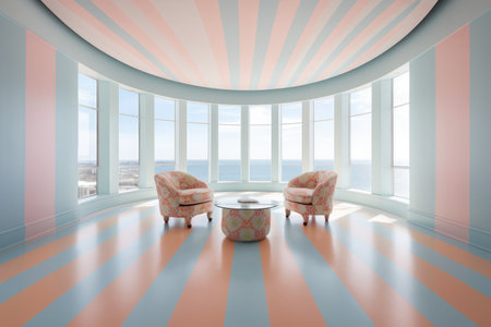 A living room with striped walls and a large window that says the seaの素材
