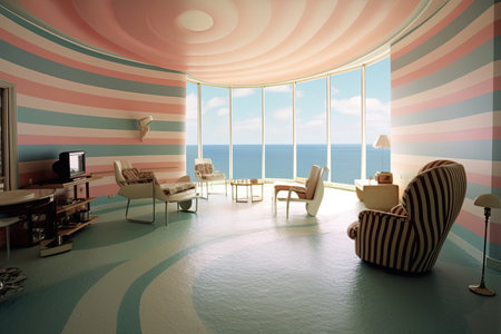 A living room with striped walls and a large window that says the seaの素材