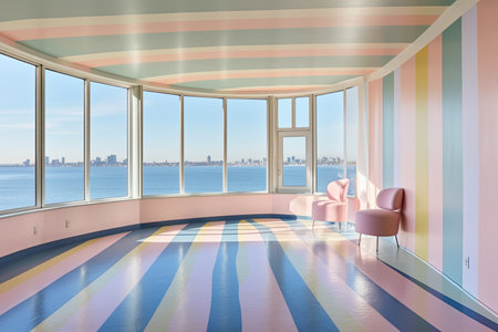 A living room with striped walls and a large window that says the seaの素材