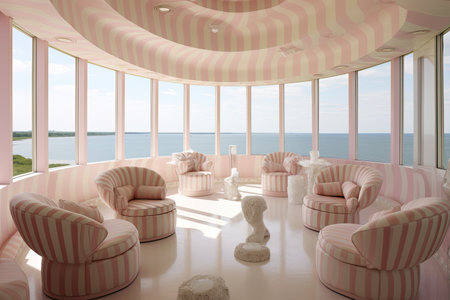 A living room with striped walls and a large window that says the seaの素材