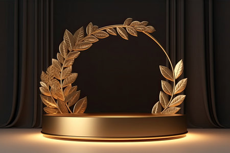 Podium, pedestal or platform for product presentation with golden laurel wreath. 3d renderの素材