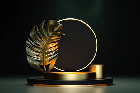 3d render of golden podium and palm leaf on dark background.の素材