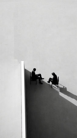 A Painting of two people sitting in the middle of a line, Generative AIの素材