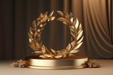 3d render of golden podium with golden laurel wreath and curtain backgroundの素材