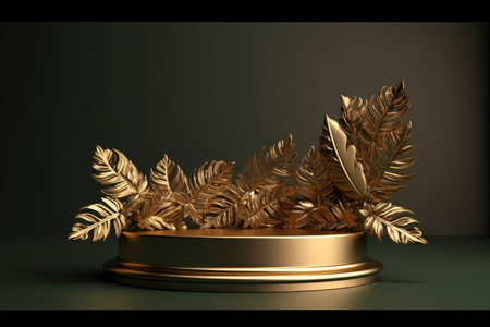3d render of golden podium with monstera leaves on dark backgroundの素材