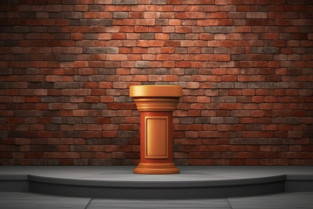 3d render of podium with golden pedestal on brick wall backgroundの素材