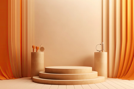 Scene with podium for mock up presentation in minimalism style with orange curtains, 3d renderの素材