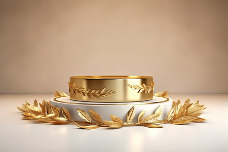 3d render of golden podium for product display with golden leaves.の素材
