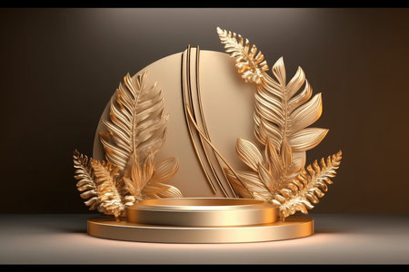 Podium for product presentation with gold leaves. 3d render.の素材